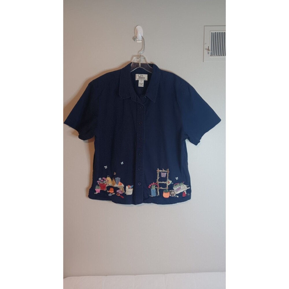 Vintage C.J. Banks 100% Cotton Button Up Shirt Blue Sz 16 Garden Embroidered